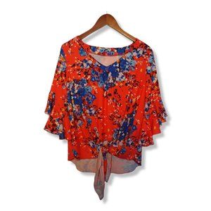 Orange Blouse with Blue Flowers - Loose Fitting Top - Tunic Style